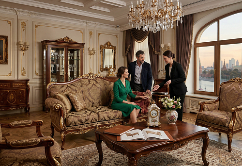 Classical furniture in Moscow for an elegant living room interior with sofa, armchairs, table, and display cabinet