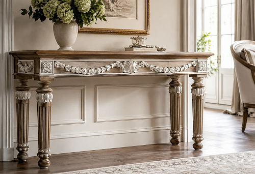 Table legs and polyurethane moulded decor for designing the underframe