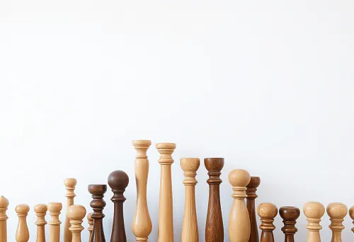 Variety of wooden balusters in different shades and shapes &mdash; products of Izhhevsk woodworking workshops