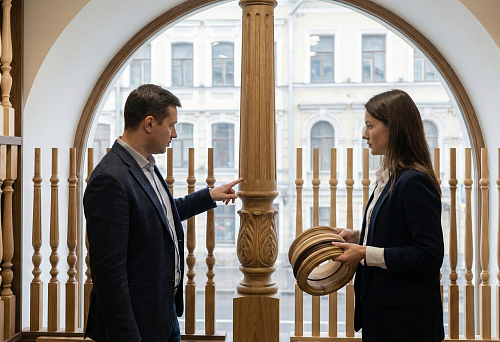 Interior decor Moscow: a man and a woman choose wooden balusters and round moldings in a showroom, comparing samples and profiles