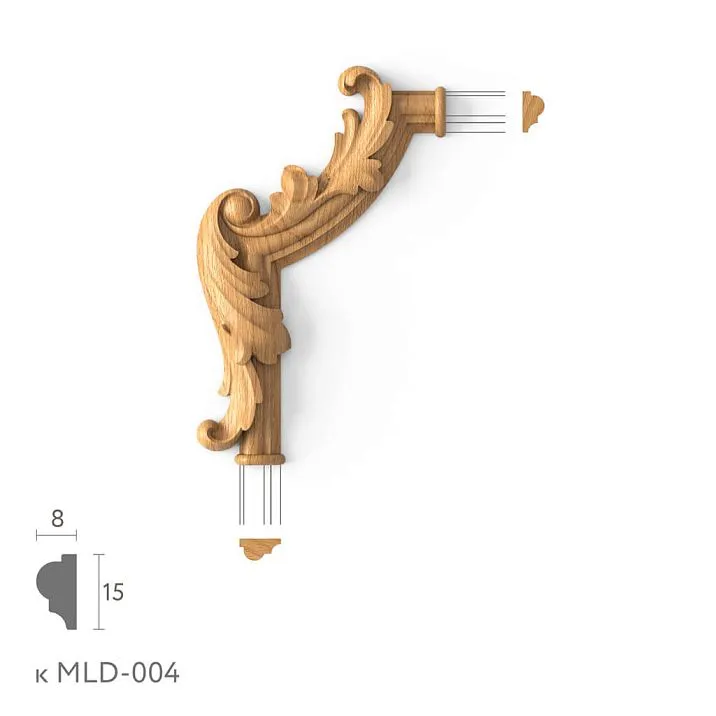 Corner decorative element MLD-4U-2.1L made of oak or beech &mdash; left carved corner for MLD-004 molding under enamel