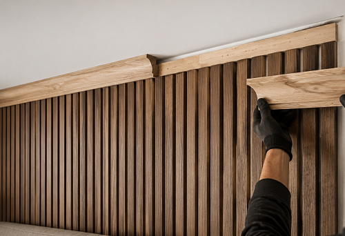 Wooden cornice KZ-011 108 &times; 34 mm above slatted panels reaching the ceiling