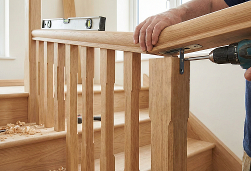 Attaching a round wooden handrail to balusters: the master secures the connection joint with a screwdriver, level control