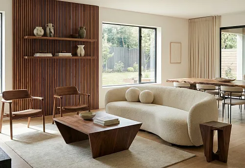 Interior with Wooden Wall Panel and Solid Wood Table