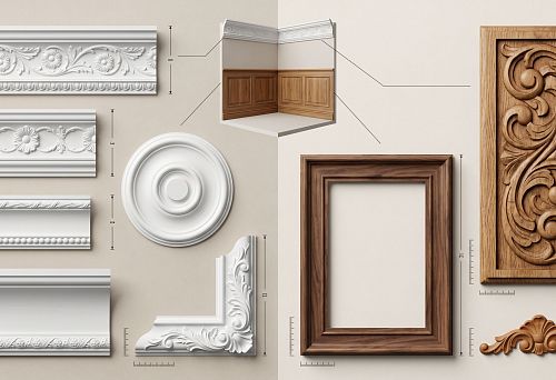 Selection of polyurethane stucco and wooden decor by photo and dimensions