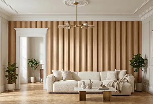 Buy slatted panels in Tyumen and polyurethane stucco in a light modern interior with a cohesive architectural composition
