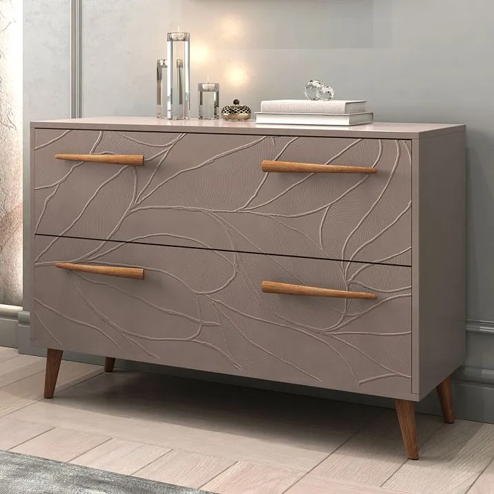 Turned legs MN-145.2M on a dresser with decorative front in a modern bedroom interior.