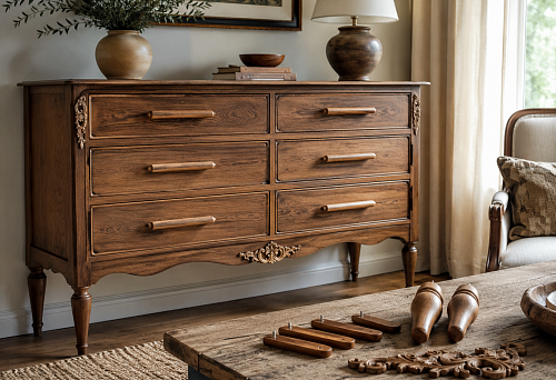 Updating old wooden furniture with replacement handles and legs