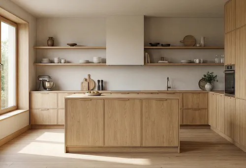 Light wood kitchen: wooden facades and island in a single tone, wooden baseboard around the perimeter, natural light at the window and minimalist shelves.