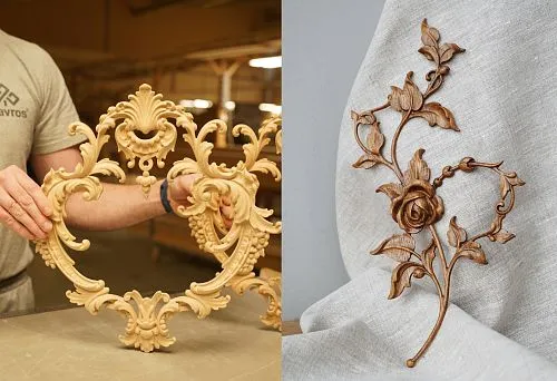 Carved wooden inlay in the shape of a floral pattern on light fabric.