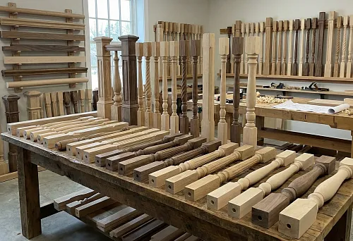 Various wooden balusters and posts laid out on a table in a carpentry workshop