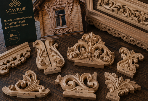 SNL carved connecting elements for house carving: how to close the joints of platbands