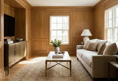 Living room interior with wooden wall finish and built-in furniture