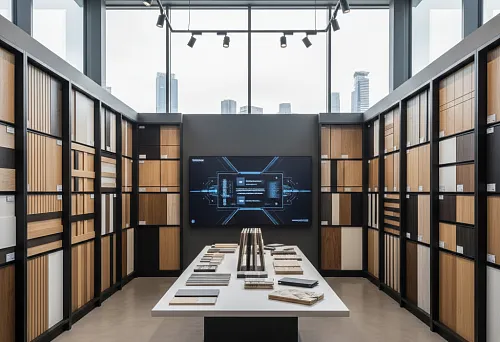 Showroom with interior slats and wall panel samples, large selection of shades and textures, modern display