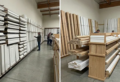 STAVROS molding showroom: polyurethane and wooden profiles for wall decor on shelves