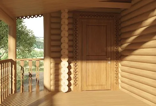 Entrance to a log cabin sauna with traditional finishing