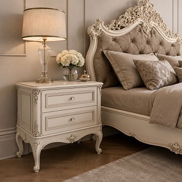 Versailles Nightstand 012-001 in white enamel RAL 9010 with carved decorative elements