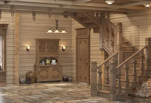 Classic wooden staircase with carved balusters and decorative elements