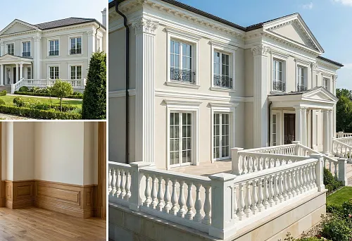 Turnkey country house: classic facade with polyurethane stucco, columns and cornices, terrace with balustrade