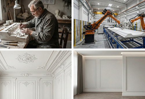 STAVROS produces polyurethane stucco molding: a craftsman forms a decorative pattern, a robotic line, and examples of finished interiors