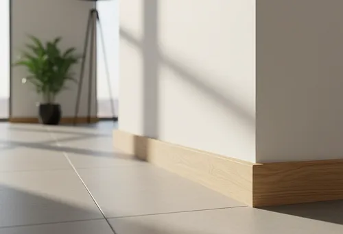 Light wooden solid oak skirting board along the wall with tile flooring in a modern interior with soft sunlight