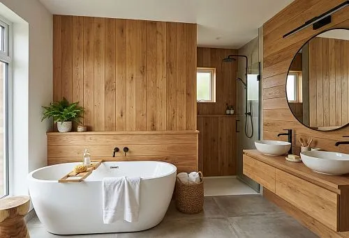 Wooden panels in a bathroom with a bathtub, shower, and double sink