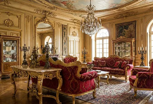 Baroque living room: carved furniture with gilding and red velvet upholstery, palace composition