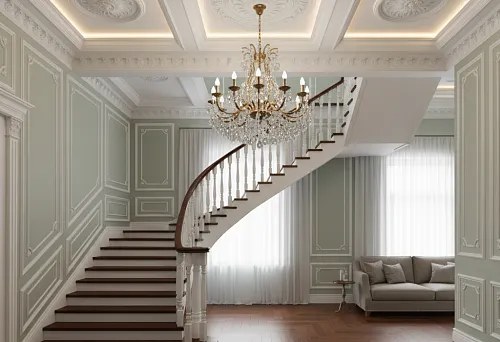 Interior with an exquisite ceiling rosette for a chandelier and decorative staircase pillars as central accents of the house