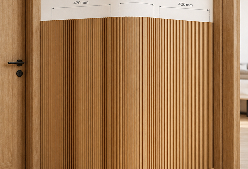 Wooden panel PAN-001 1010&times;8&times;2400 mm for a 120 mm radius corner between two architraves