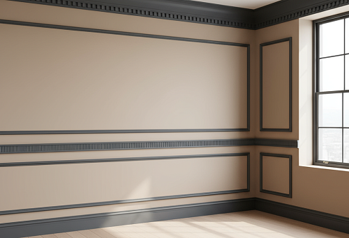 Room with beige walls and contrasting dark moldings, baseboards, and cornices, demonstrating correct visual proportions