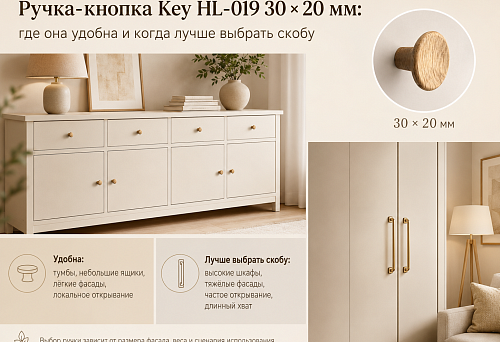 Compact Key HL-019 knob handle, 30 &times; 20 mm, on a small furniture cabinet front