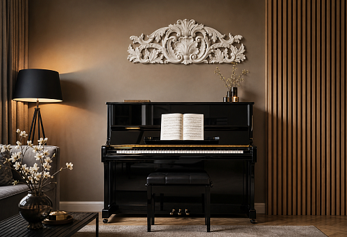 Carved decorative overlay NPU-276 517 &times; 323 &times; 18 mm above a piano instead of a painting next to slatted panels