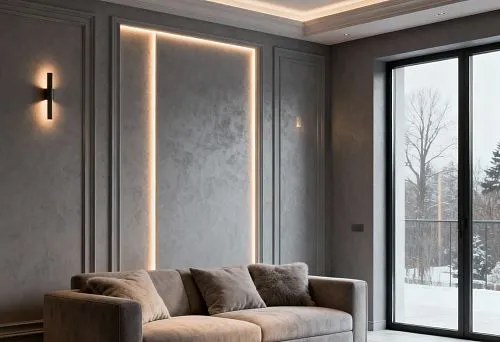 Modern living room with skirting boards and ceiling cornices featuring LED lighting, creating soft hidden illumination along the perimeter of walls and ceiling