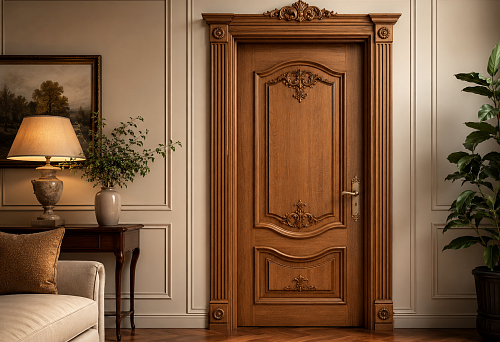 Decorating an interior door with wooden overlays and carved elements