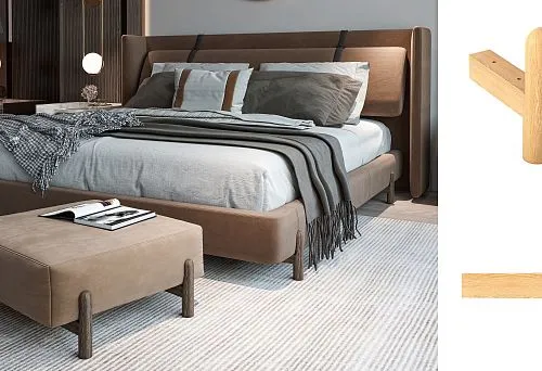 Modern wooden bed with soft upholstery, complemented by elegant solid wood legs