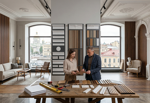 Buy slat panels in St. Petersburg and polyurethane molding in St. Petersburg for interiors with classic and modern zones