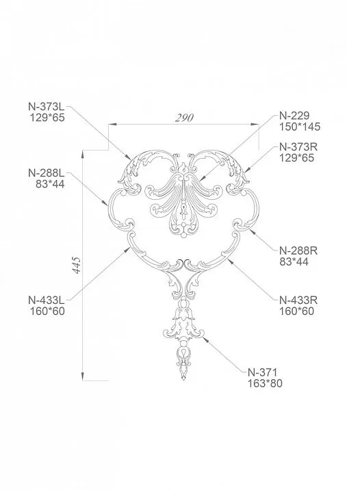 Wooden decorative appliqu&eacute; set C-041, featuring the same style and carved floral pattern drawing