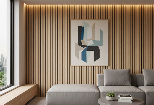 Interior oak slat on the wall in a modern living room