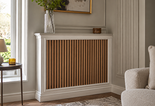 Decorative radiator screen with wooden slats and polyurethane molding