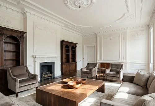 Wooden decor items in the interior: elite furniture and polyurethane molding in the formal living room