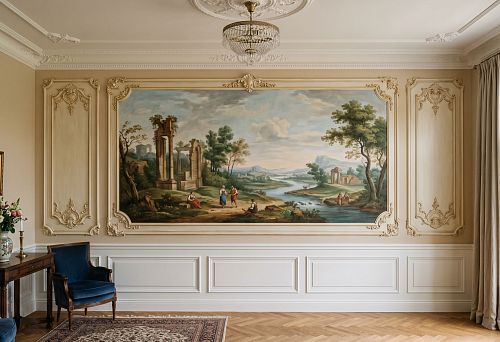 Stucco decor and fresco on the wall with polyurethane moldings in the living room interior