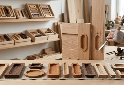 Recessed wooden handles of different shapes and wood species on craftsman's work table
