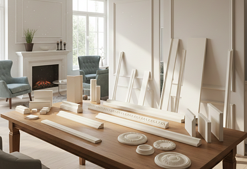 Polyurethane moldings in interior design: profile samples and decorative rosettes on a table