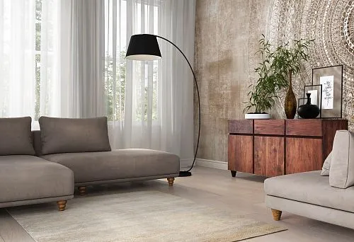 cozy living room interior in wood finish