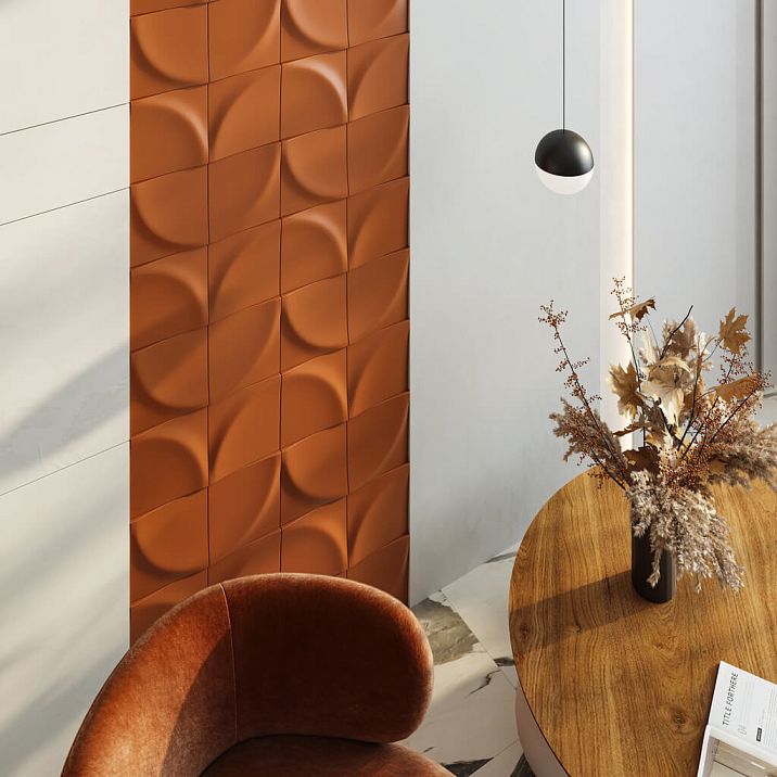 Wall panel DP-001 in the interior of a hallway with modern furniture and lighting.
