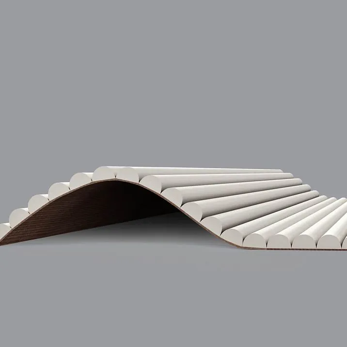 Slatted panel PAN-002 in a bedroom interior, curved burgundy wall panel by the nightstand