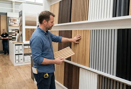 Slat wall panels in the showroom with selection of materials, formats, and colors before ordering