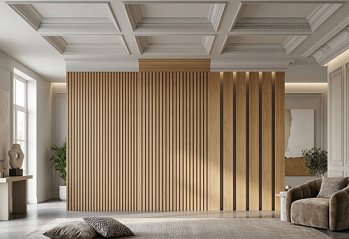 Width of slatted panels and polyurethane moldings in a modern interior with a well-thought-out rhythm