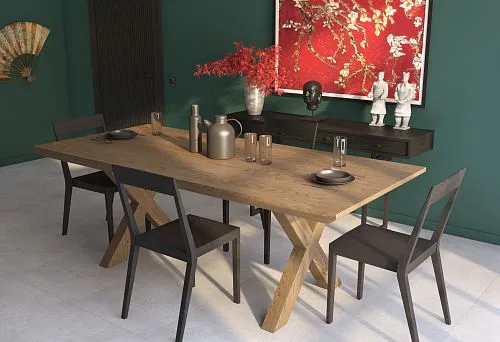 Rectangular dining table with carved wooden legs made of solid wood