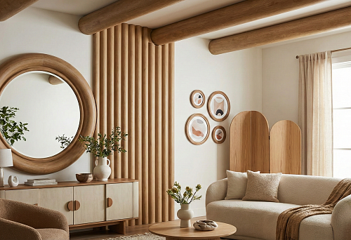 Living room interior 2026 with round wall molding and a large round wooden mirror